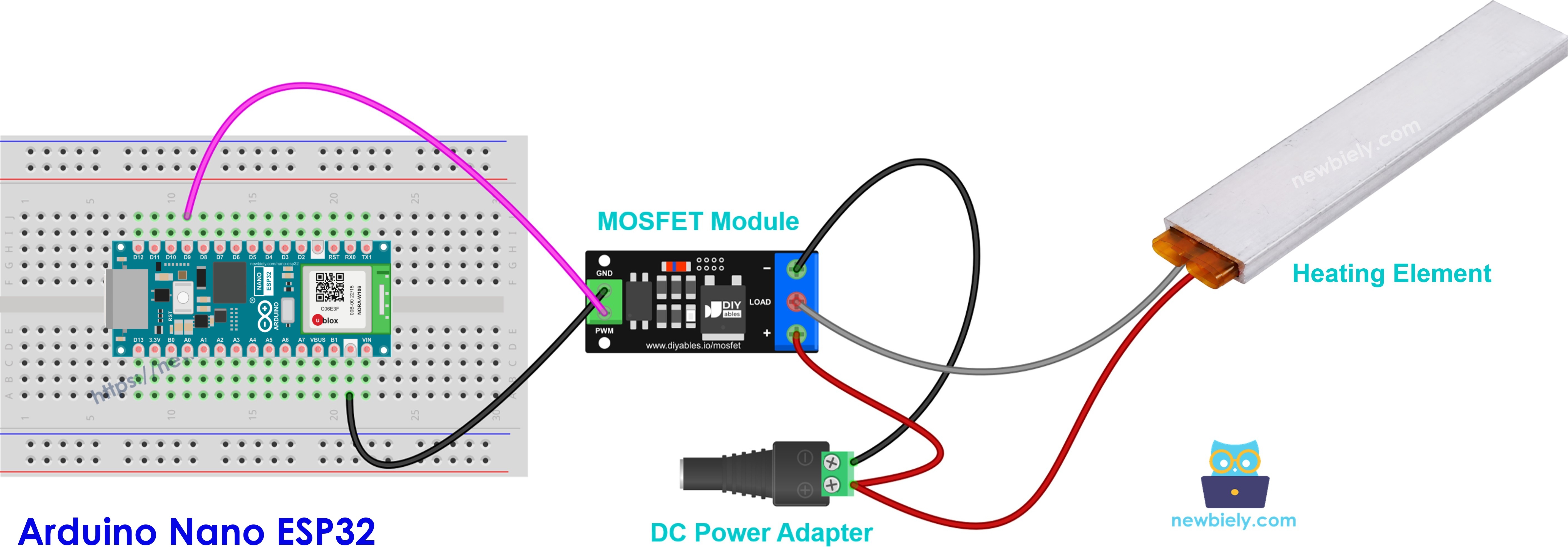 The wiring diagram between Arduino Nano ESP32 and heating element MOSFET module