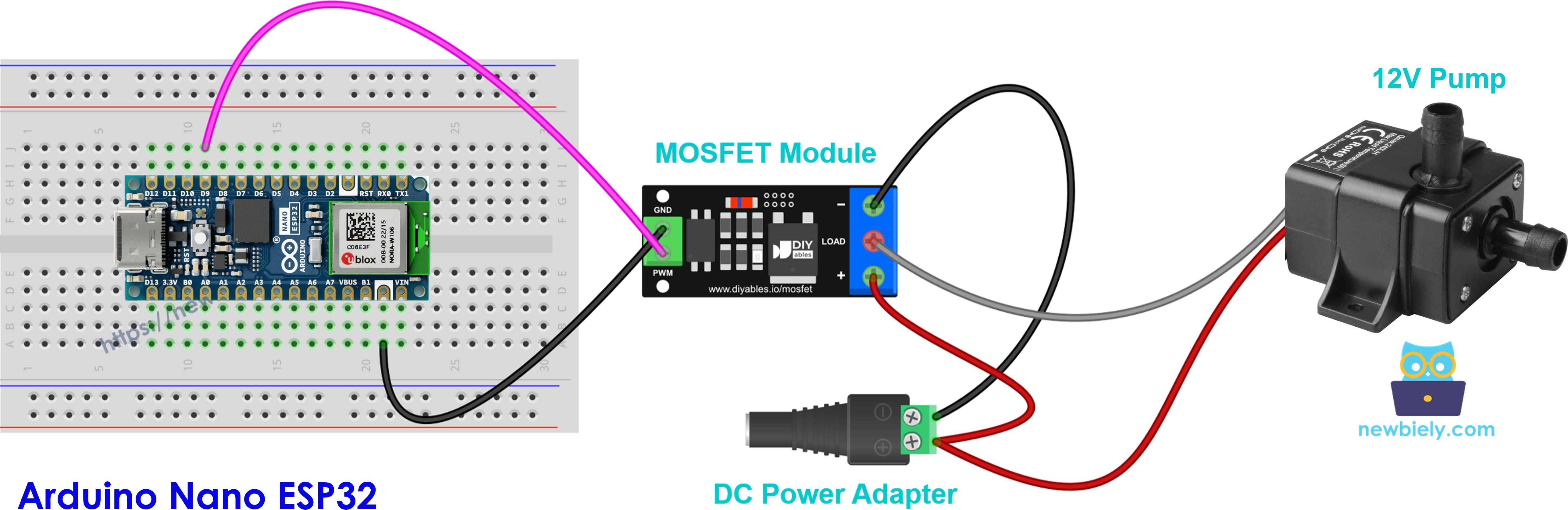 12V water pump connected to the MOSFET module