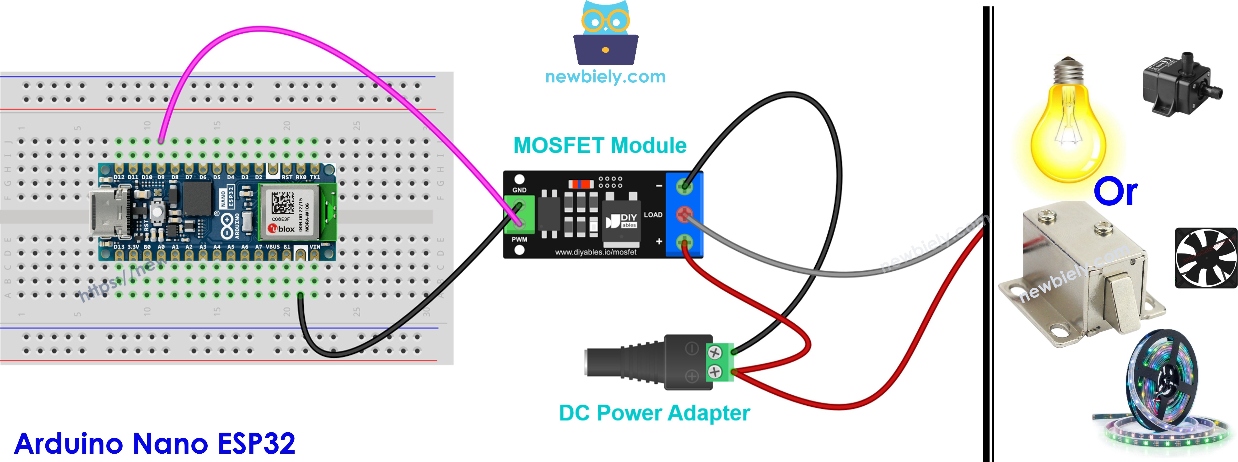 The wiring diagram between Arduino Nano ESP32 and with AOD4184, LR7843 or FR120N MOSFET module