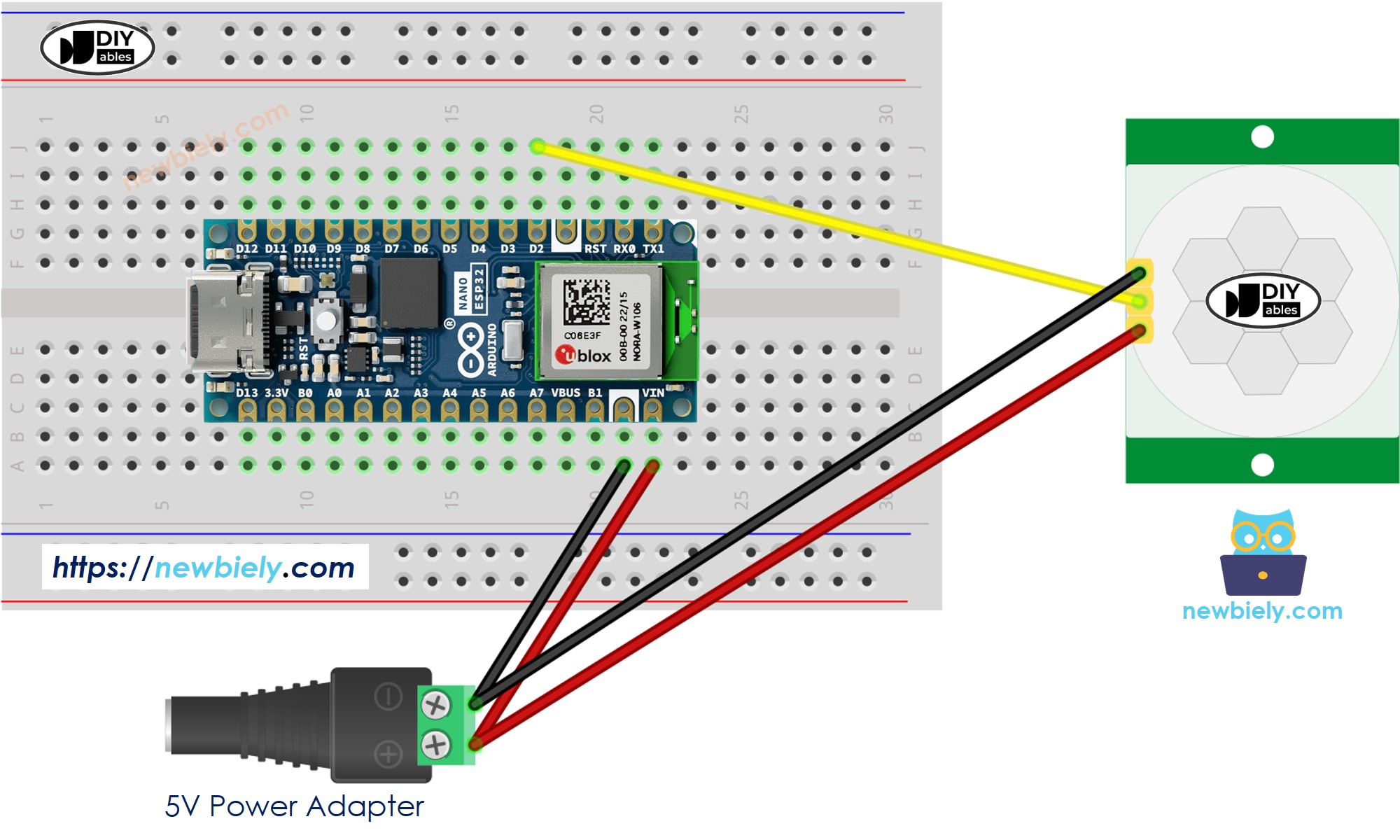 The wiring diagram between Arduino Nano ESP32 and Motion Sensor  with external power adapter