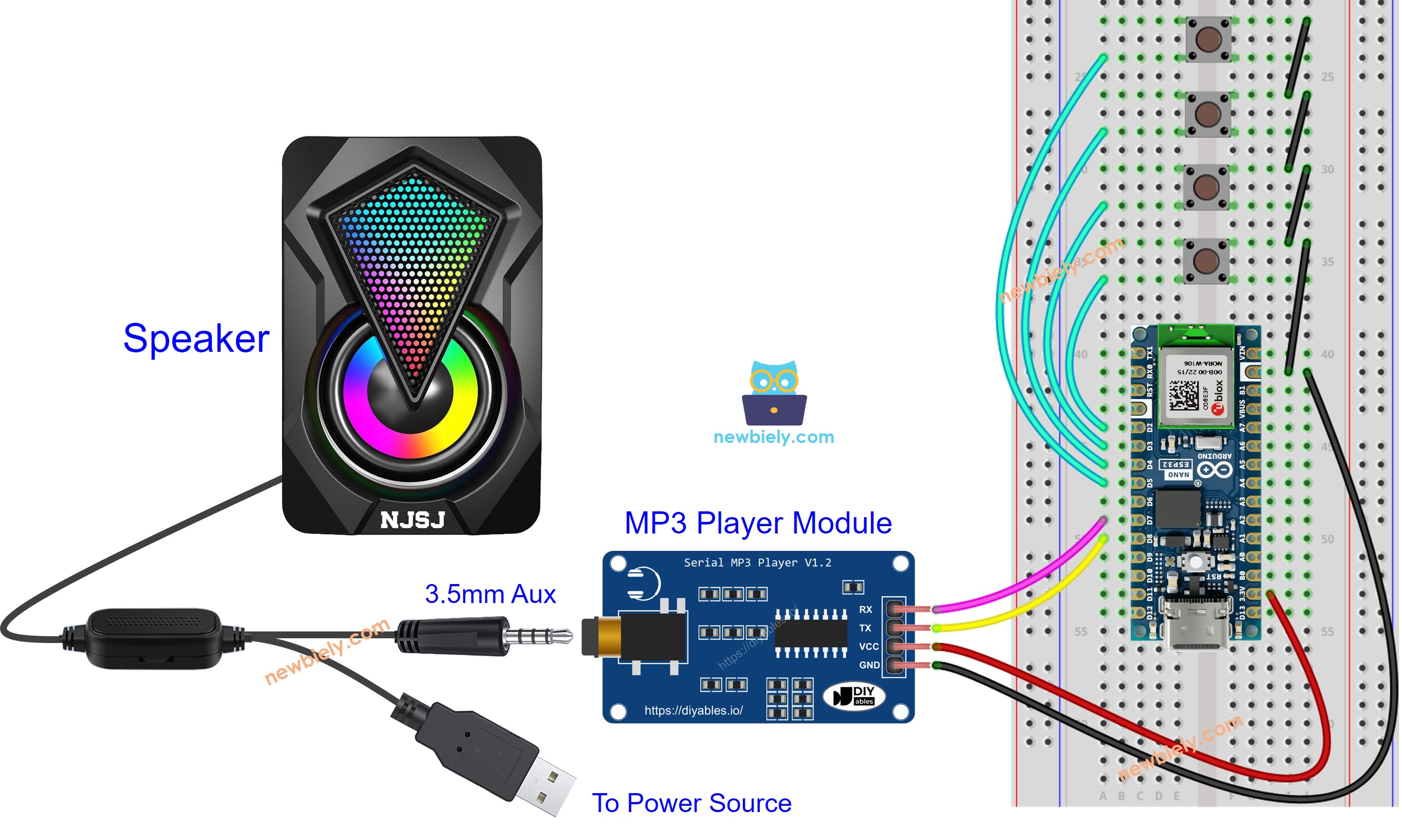 The wiring diagram between Arduino Nano ESP32 and MP3 player speaker