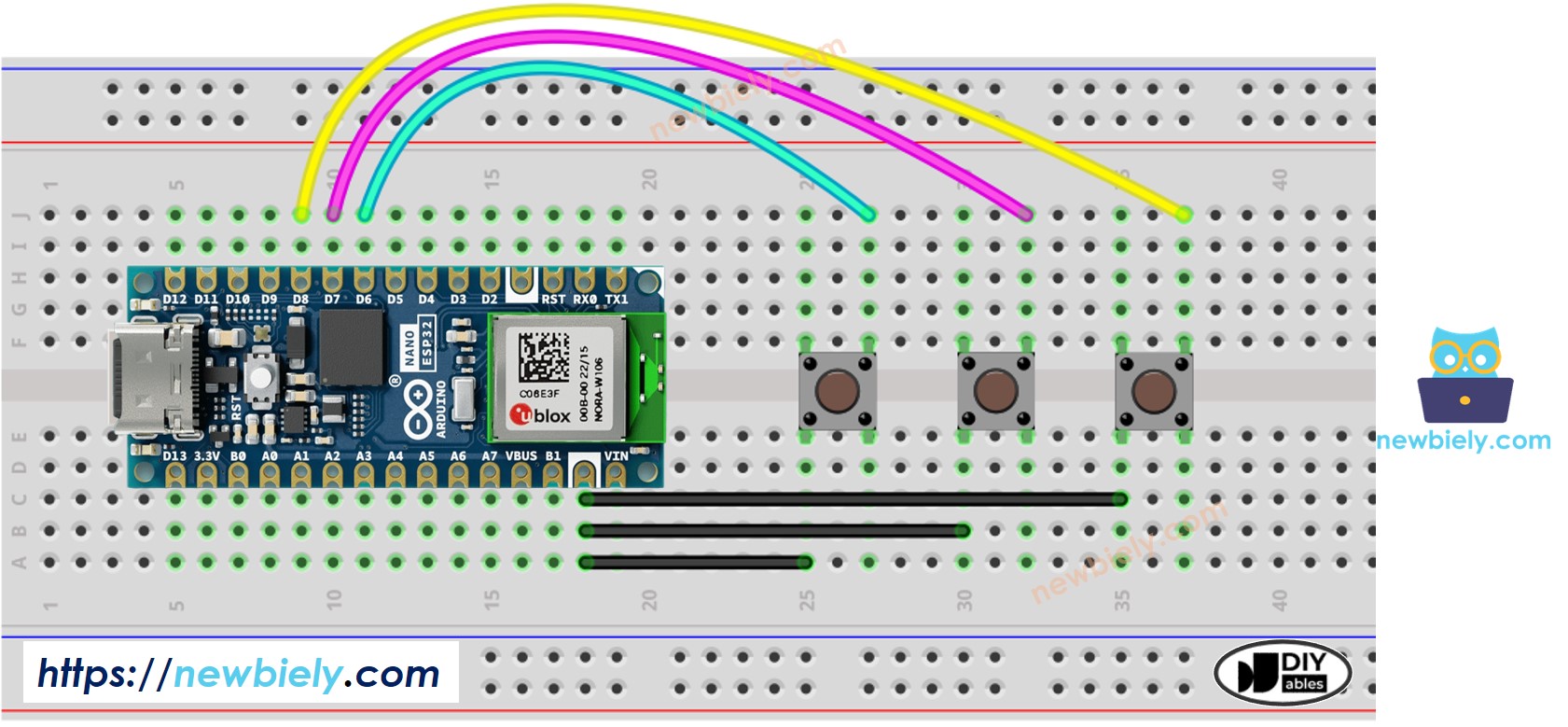 The wiring diagram between Arduino Nano ESP32 and Button Library