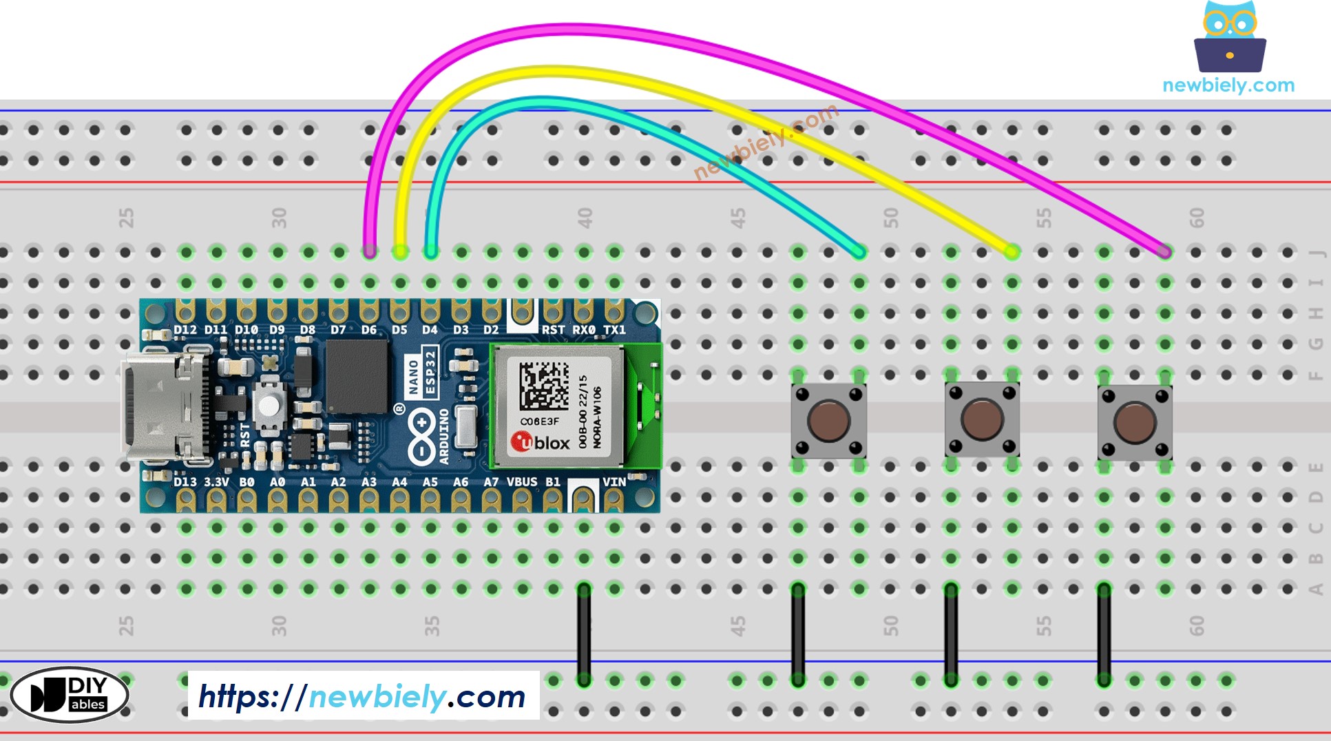 The wiring diagram between Arduino Nano ESP32 and multiple button