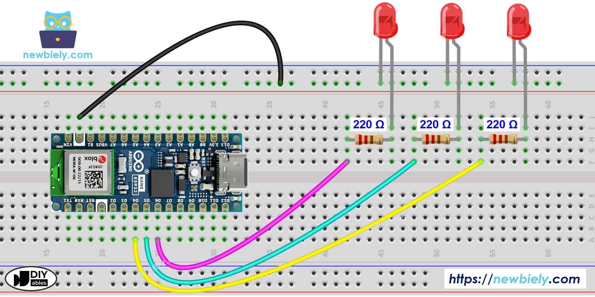 The wiring diagram between Arduino Nano ESP32 and multiple LED