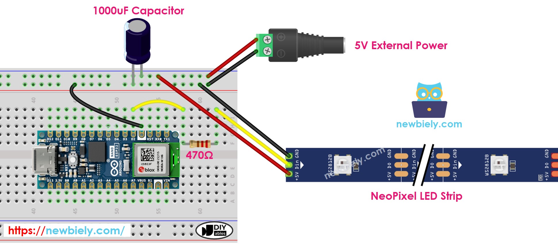 The wiring diagram between Arduino Nano ESP32 and NeoPixel RGB LED strip