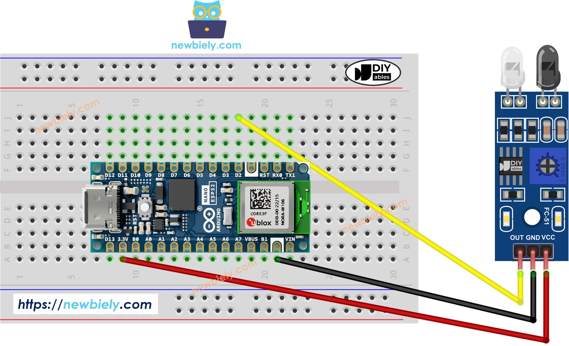 The wiring diagram between Arduino Nano ESP32 and IR obstacle avoidance sensor