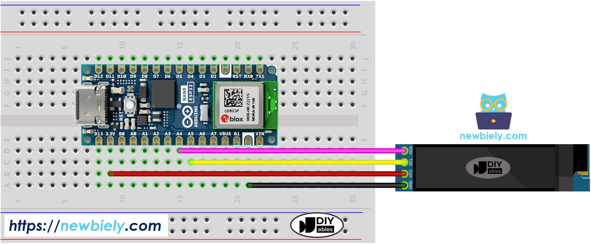 The wiring diagram between Arduino Nano ESP32 and OLED 128x32