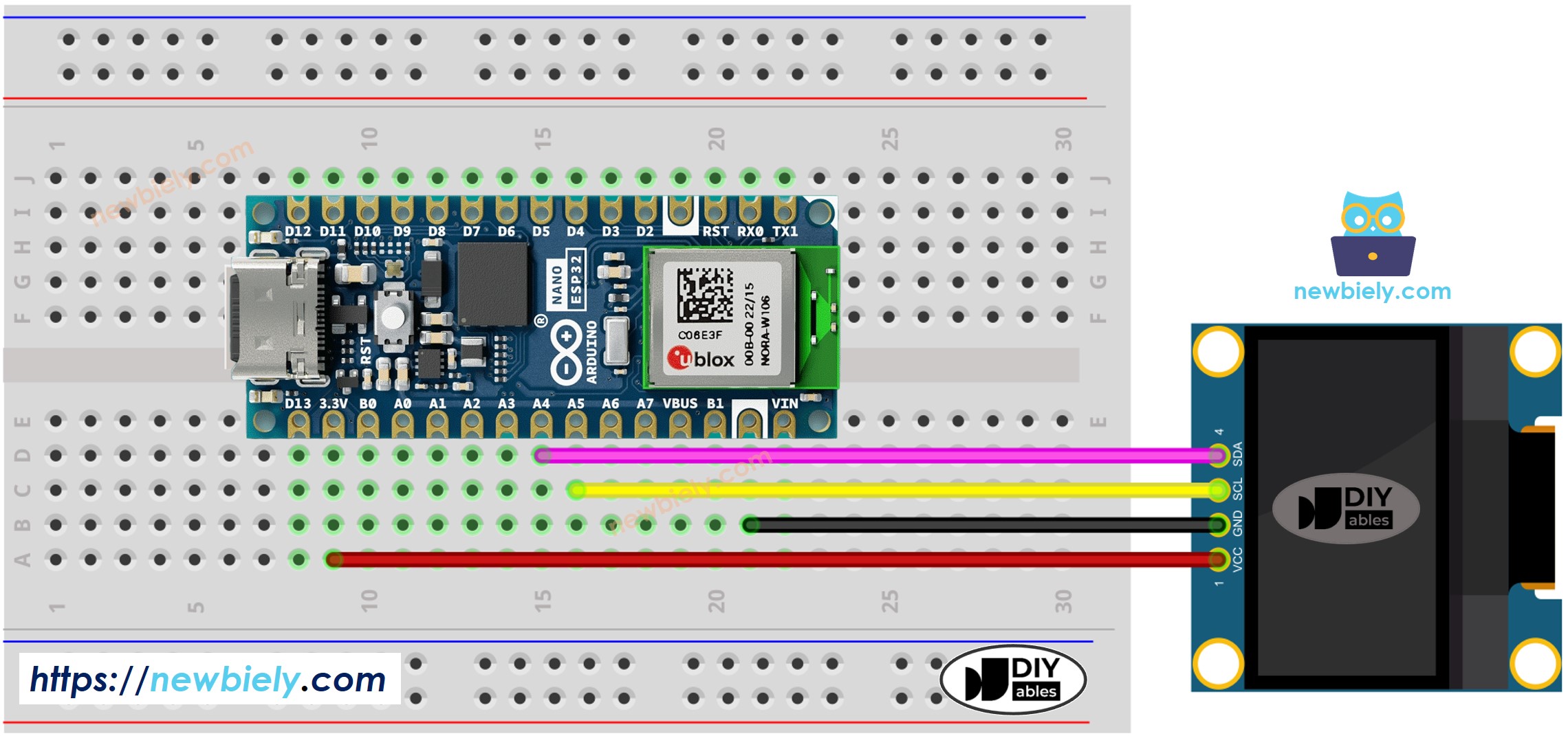 The wiring diagram between Arduino Nano ESP32 and OLED