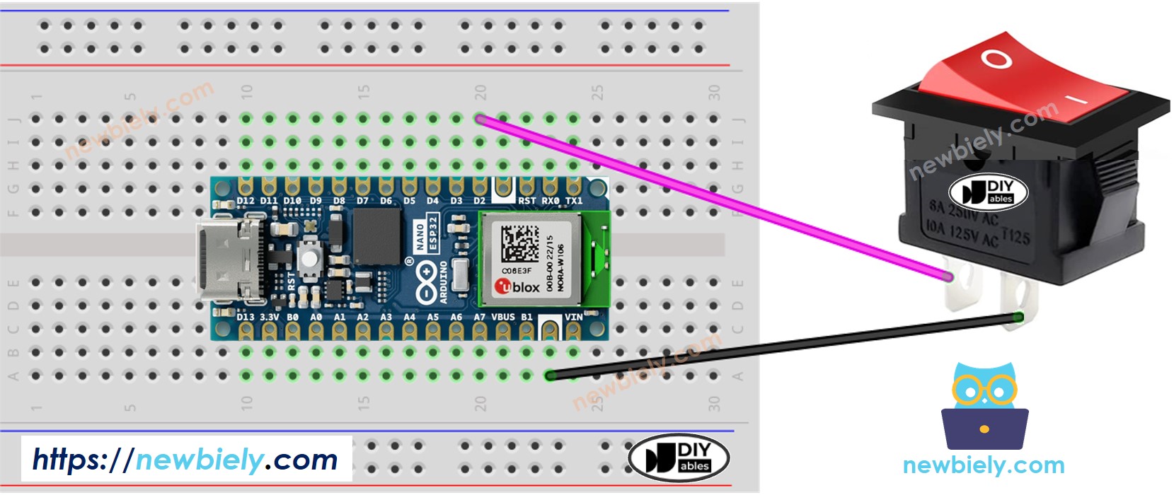 The wiring diagram between Arduino Nano ESP32 and ON/OFF Switch