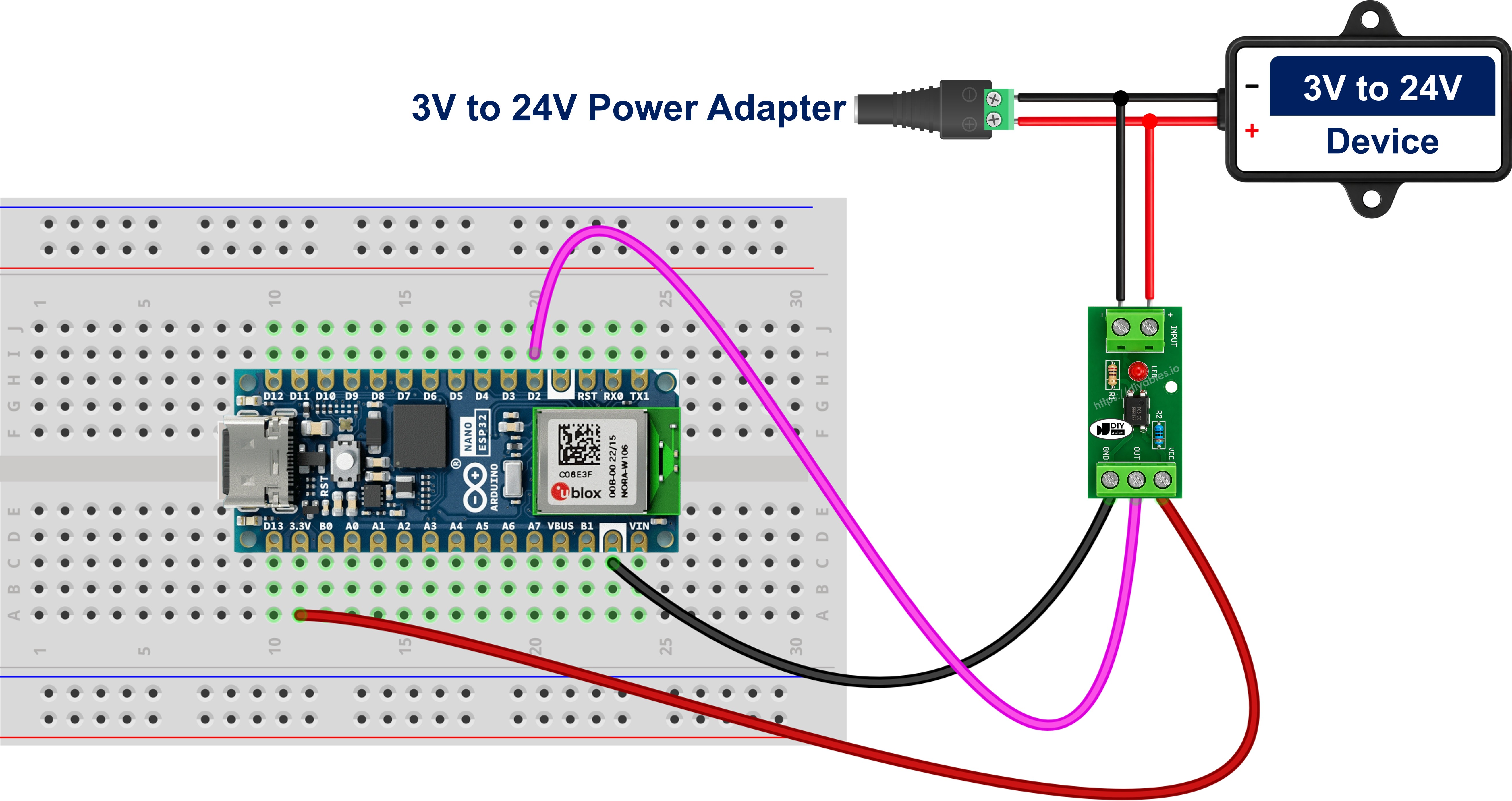 The wiring diagram between Arduino Nano ESP32 and PC817 optocoupler isolation module