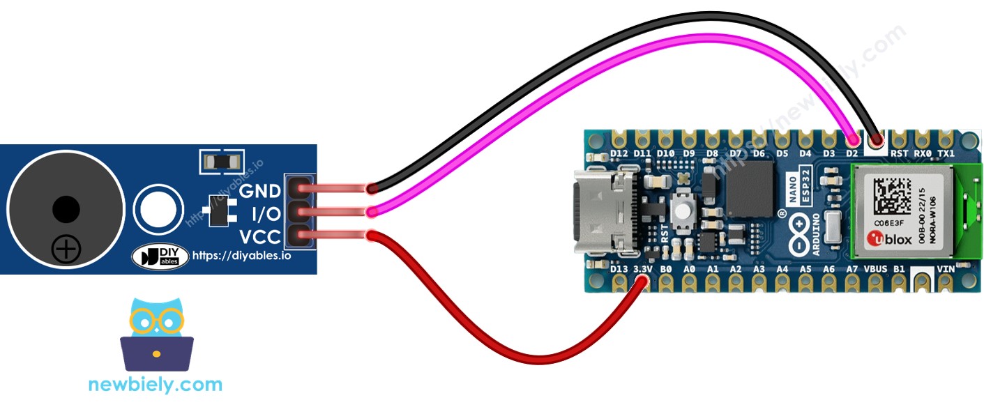 The wiring diagram between Arduino Nano ESP32 and Piezo Buzzer module