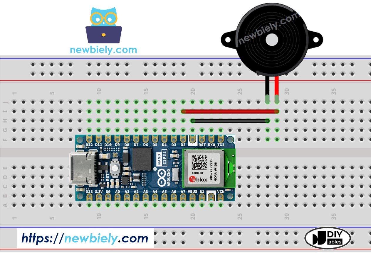 The wiring diagram between Arduino Nano ESP32 and Piezo Buzzer