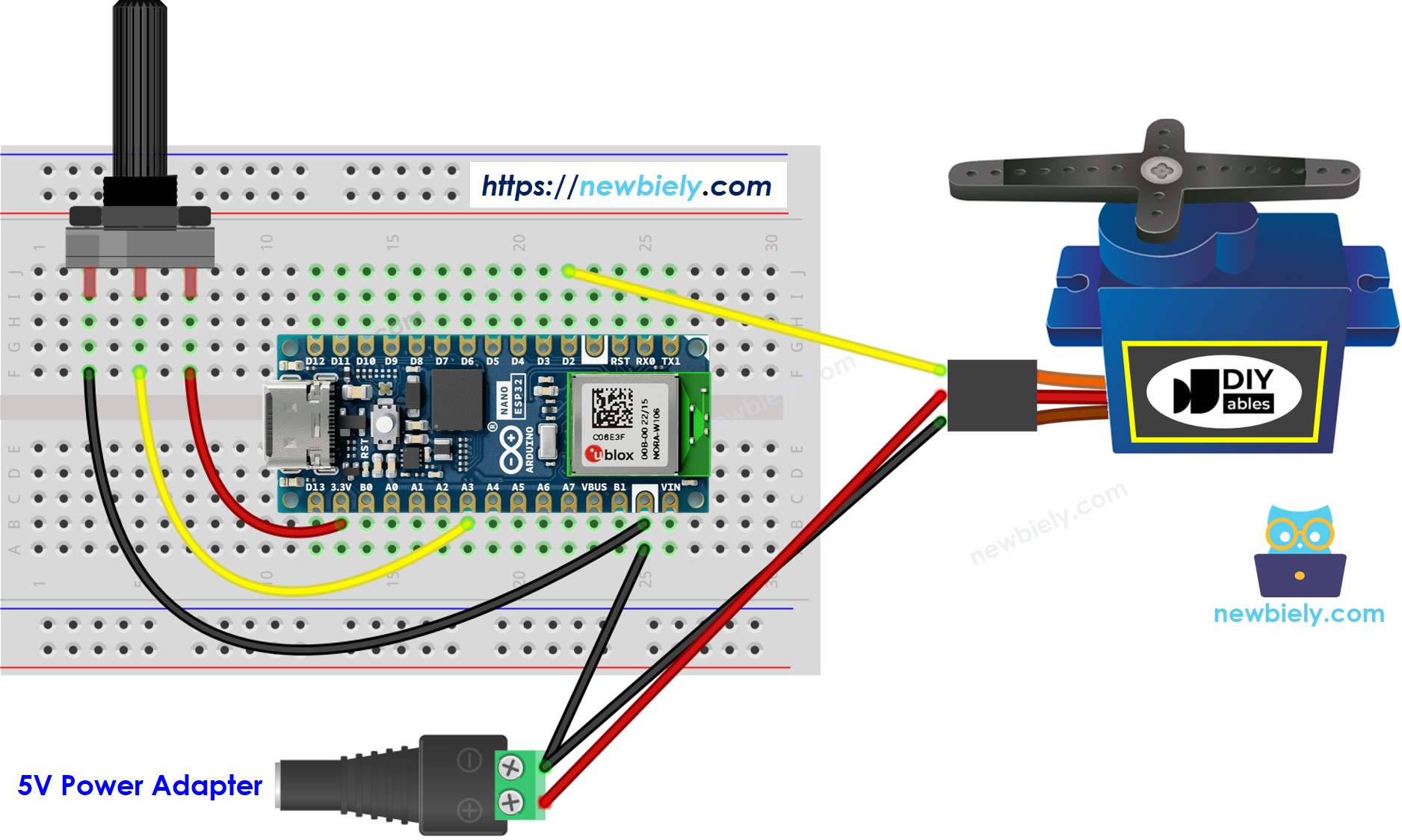 The wiring diagram between Arduino Nano ESP32 and Servo Motor Potentiometer