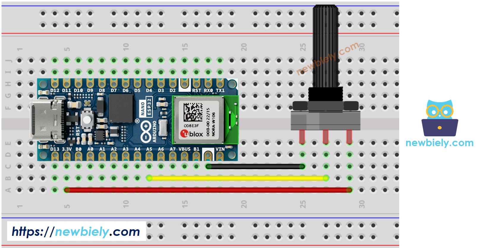 The wiring diagram between Arduino Nano ESP32 and Potentiometer