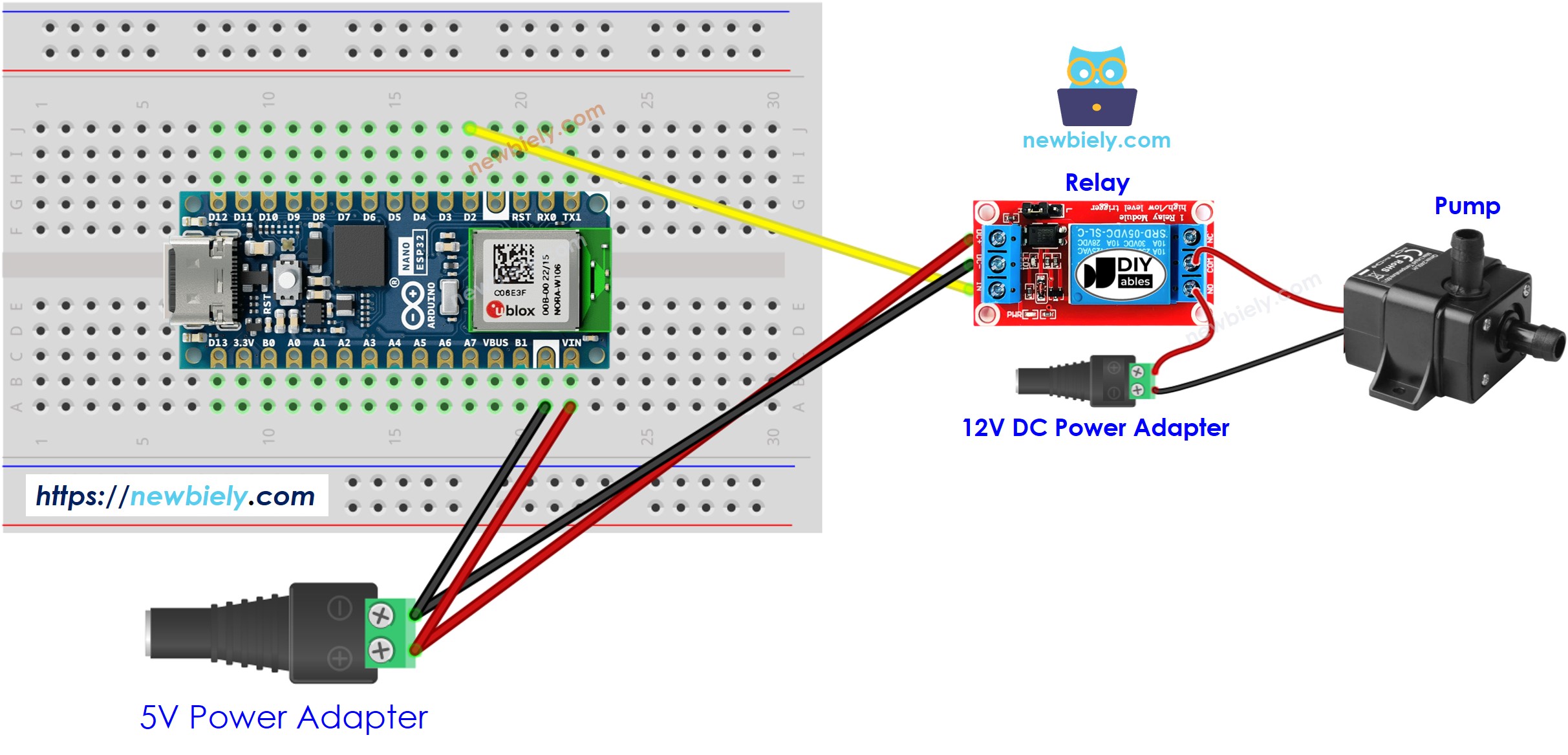 The wiring diagram between Arduino Nano ESP32 and Pump