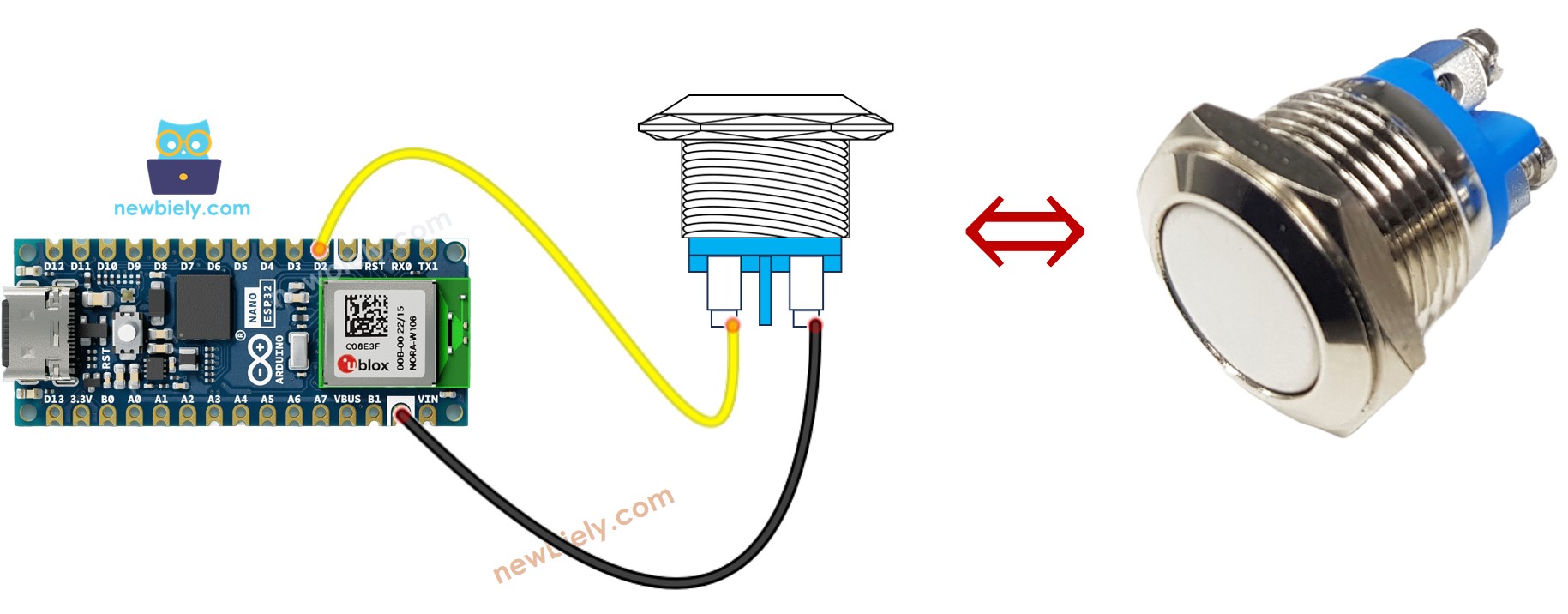 The wiring diagram between Arduino Nano ESP32 and two-pin push button