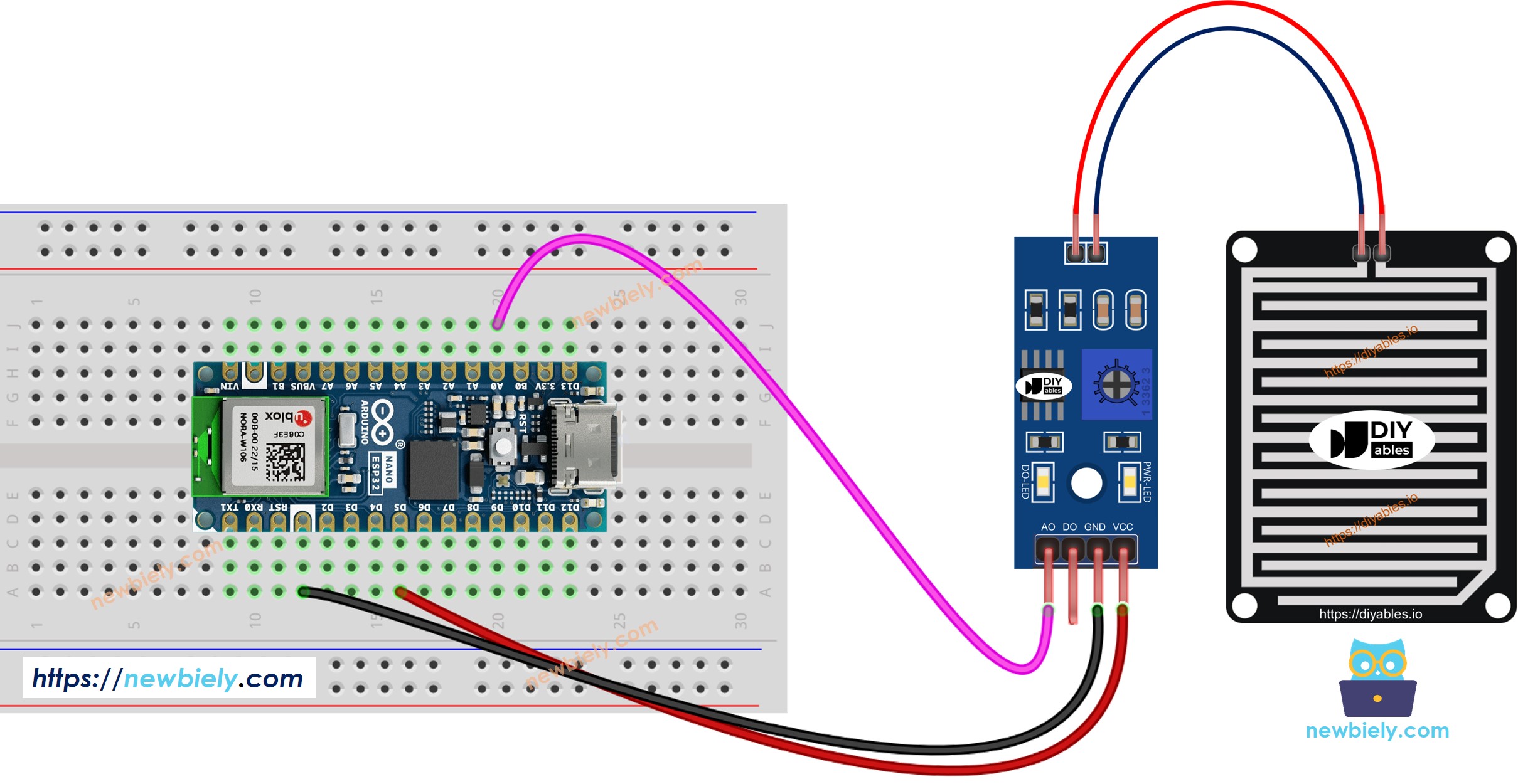 The wiring diagram between Arduino Nano ESP32 and rain detection