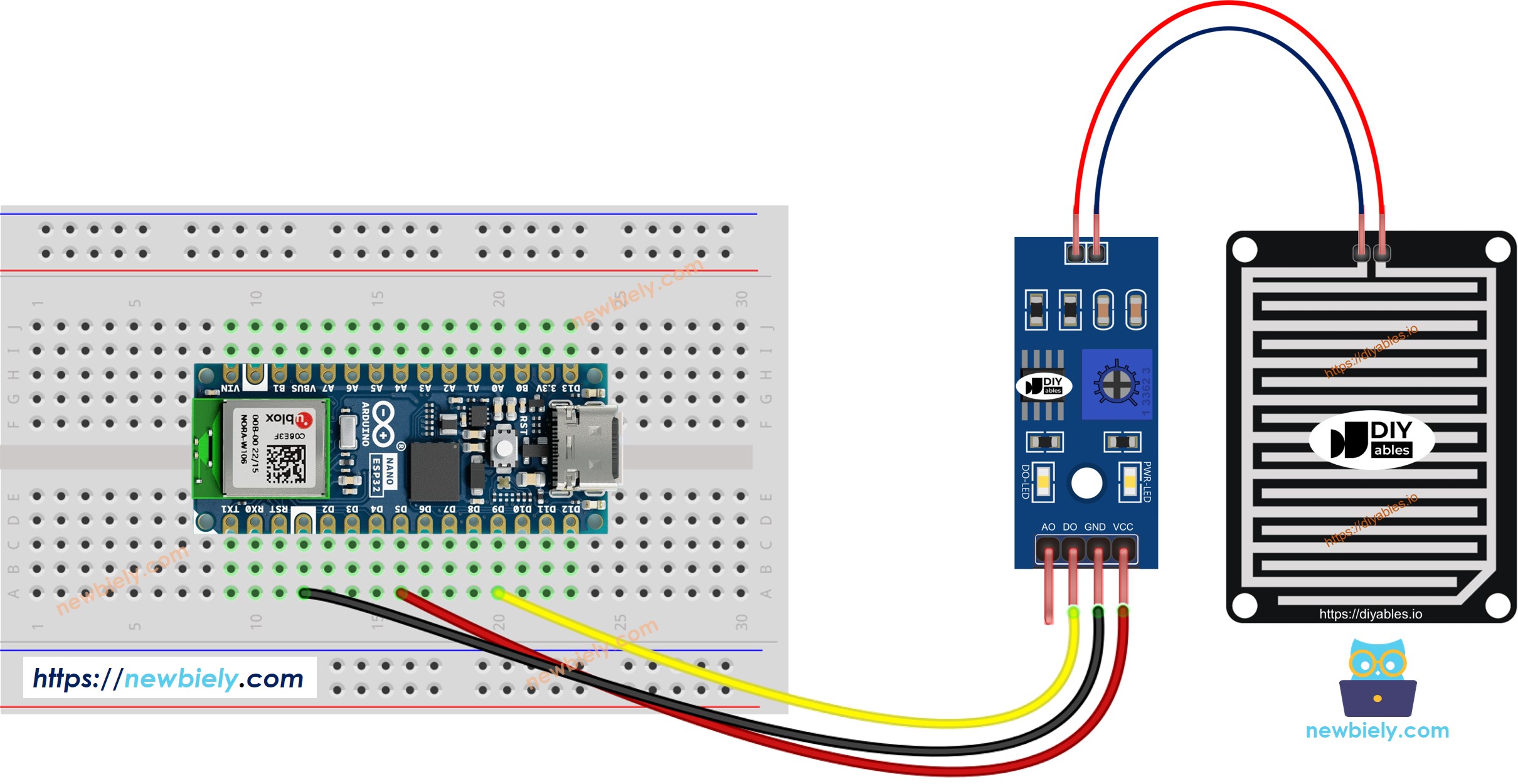 The wiring diagram between Arduino Nano ESP32 and rain sensor