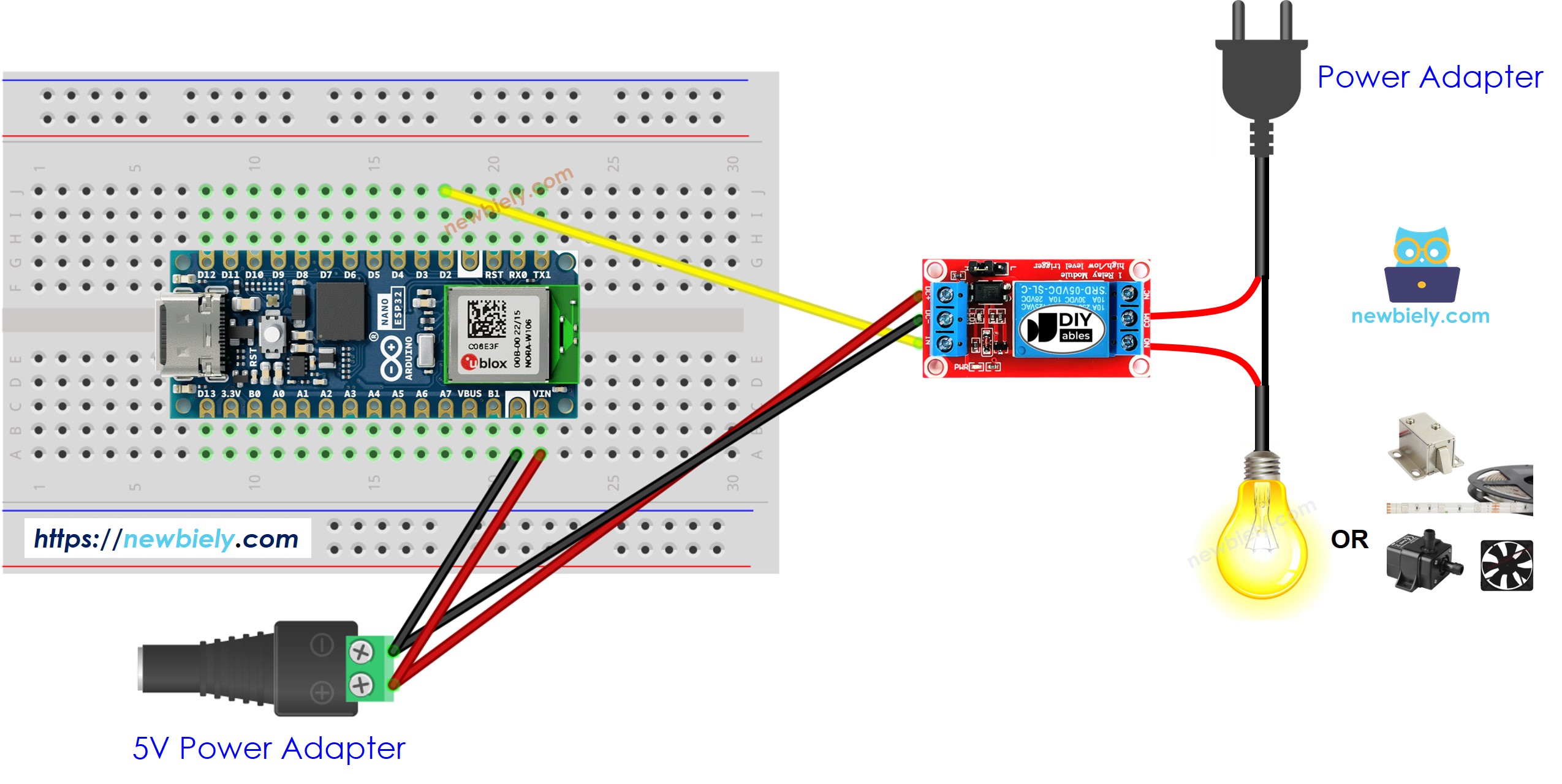 The wiring diagram between Arduino Nano ESP32 and Relay