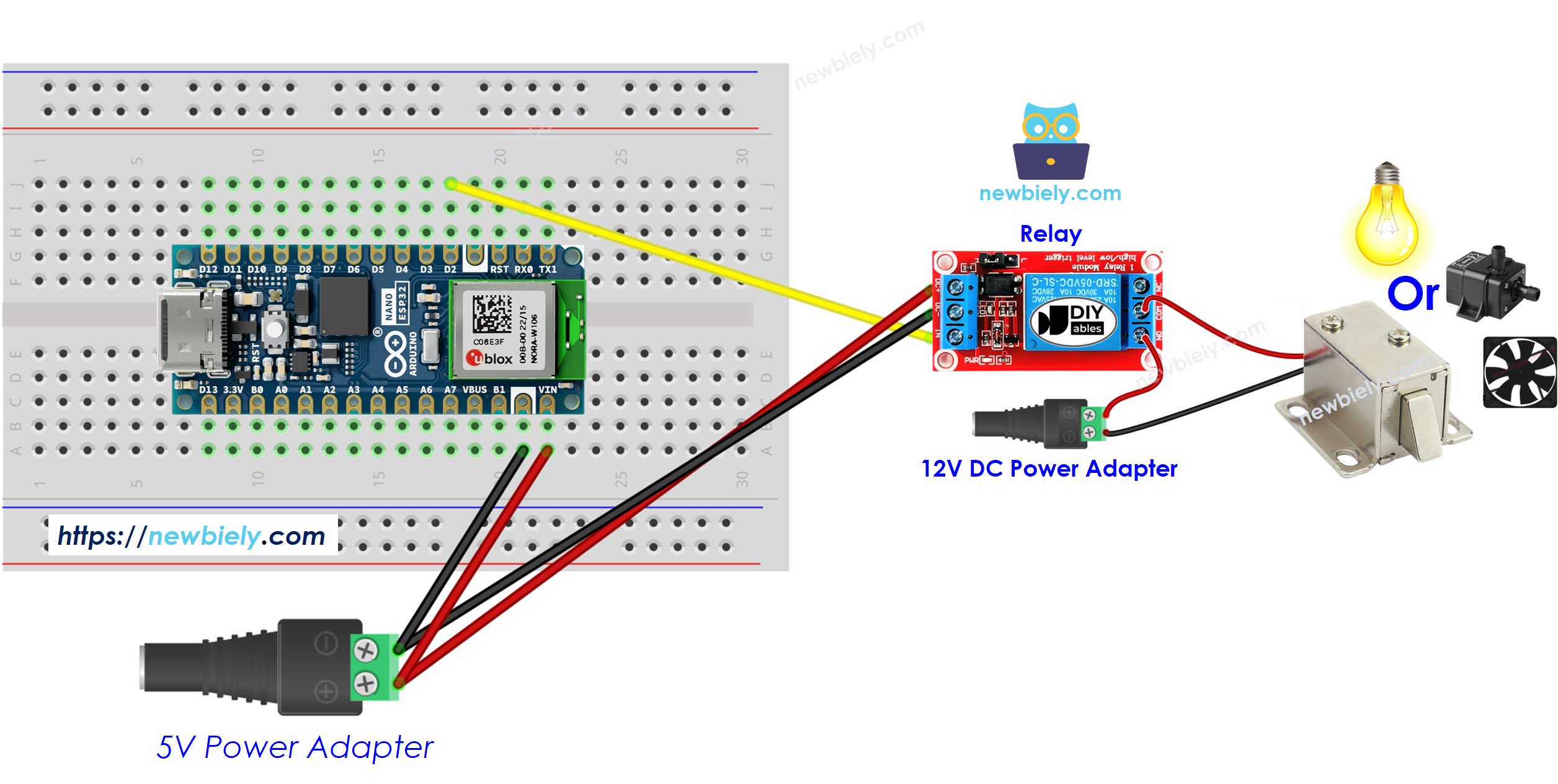 The wiring diagram between Arduino Nano ESP32 and relay