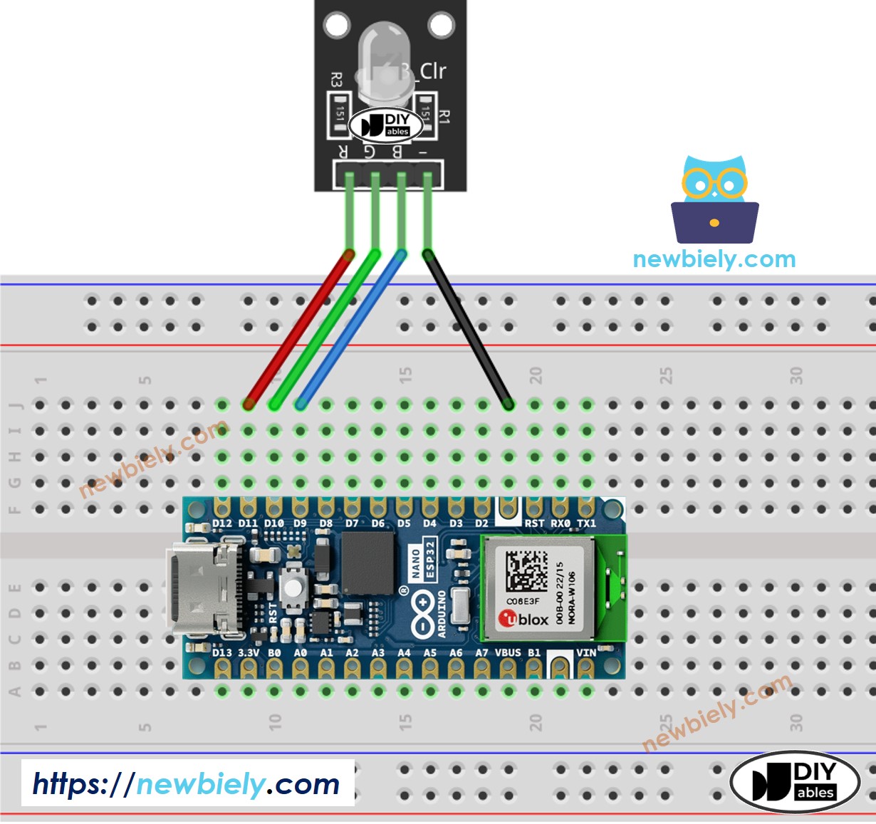 The wiring diagram between Arduino Nano ESP32 and RGB LED module