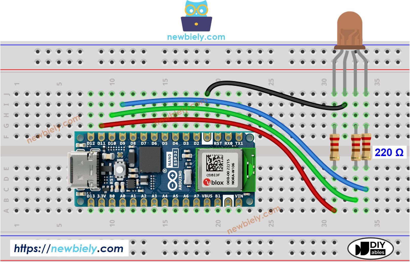 The wiring diagram between Arduino Nano ESP32 and RGB LED