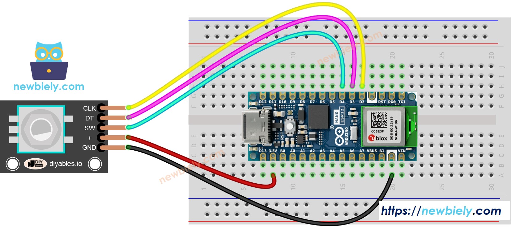 The wiring diagram between Arduino Nano ESP32 and rotary encoder