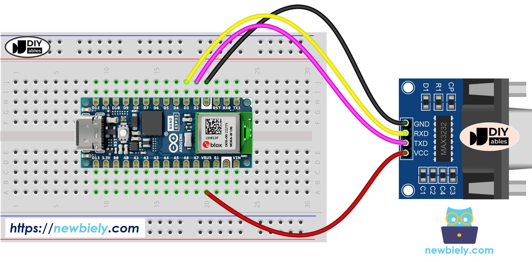 The wiring diagram between Arduino Nano ESP32 and TTL to RS232
