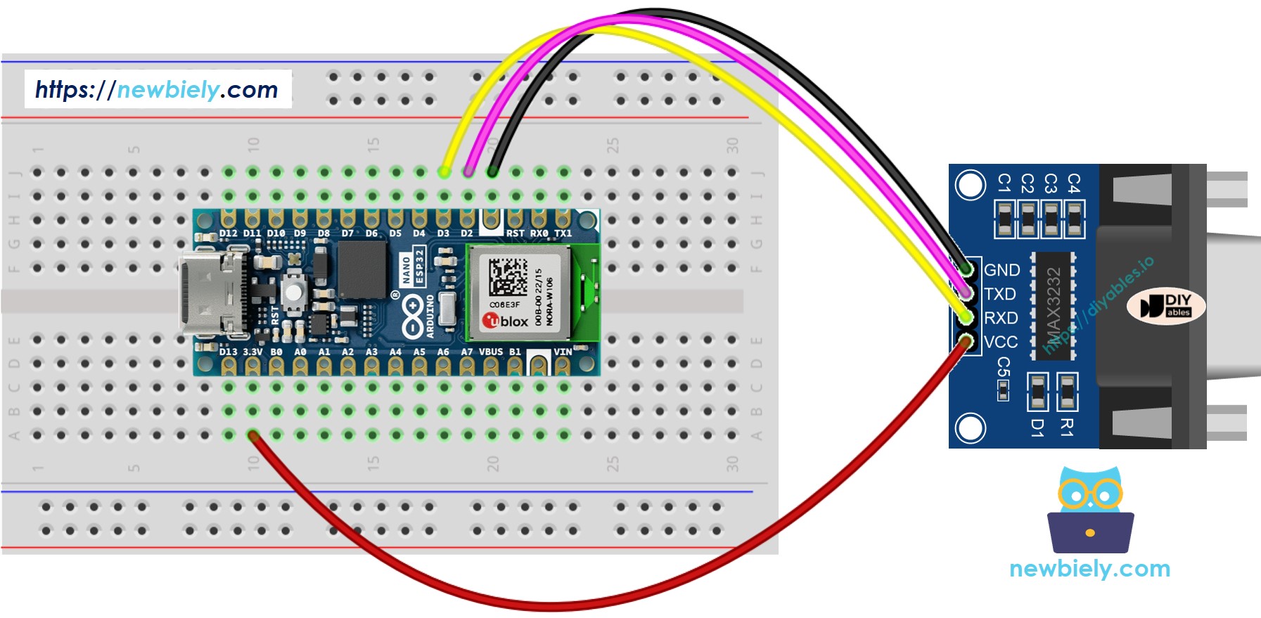 The wiring diagram between Arduino Nano ESP32 and TTL to RS232