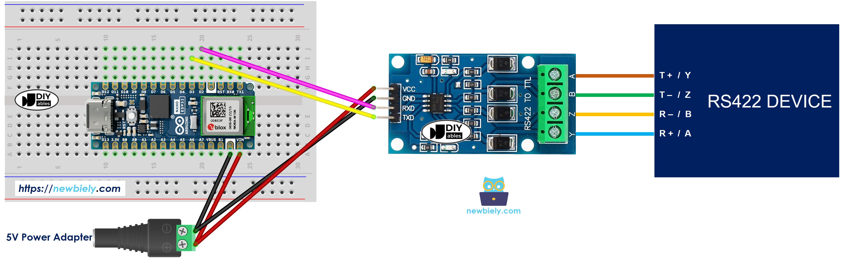 The wiring diagram between Arduino Nano ESP32 and TTL to RS422
