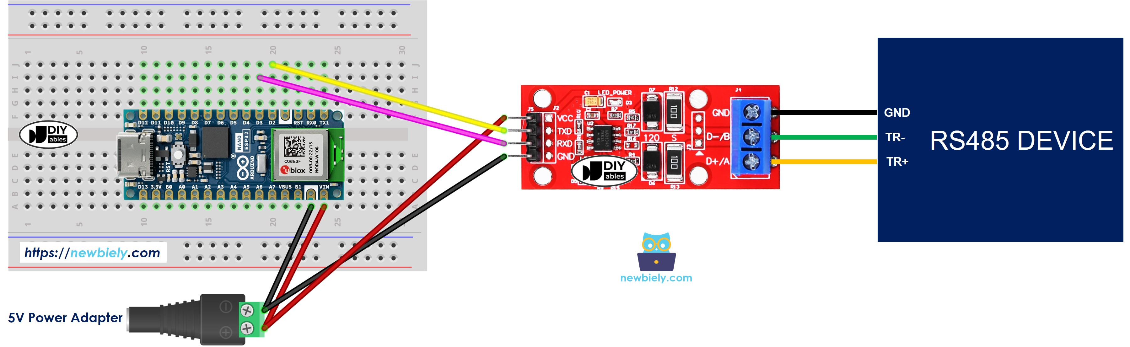 The wiring diagram between Arduino Nano ESP32 and TTL to RS485
