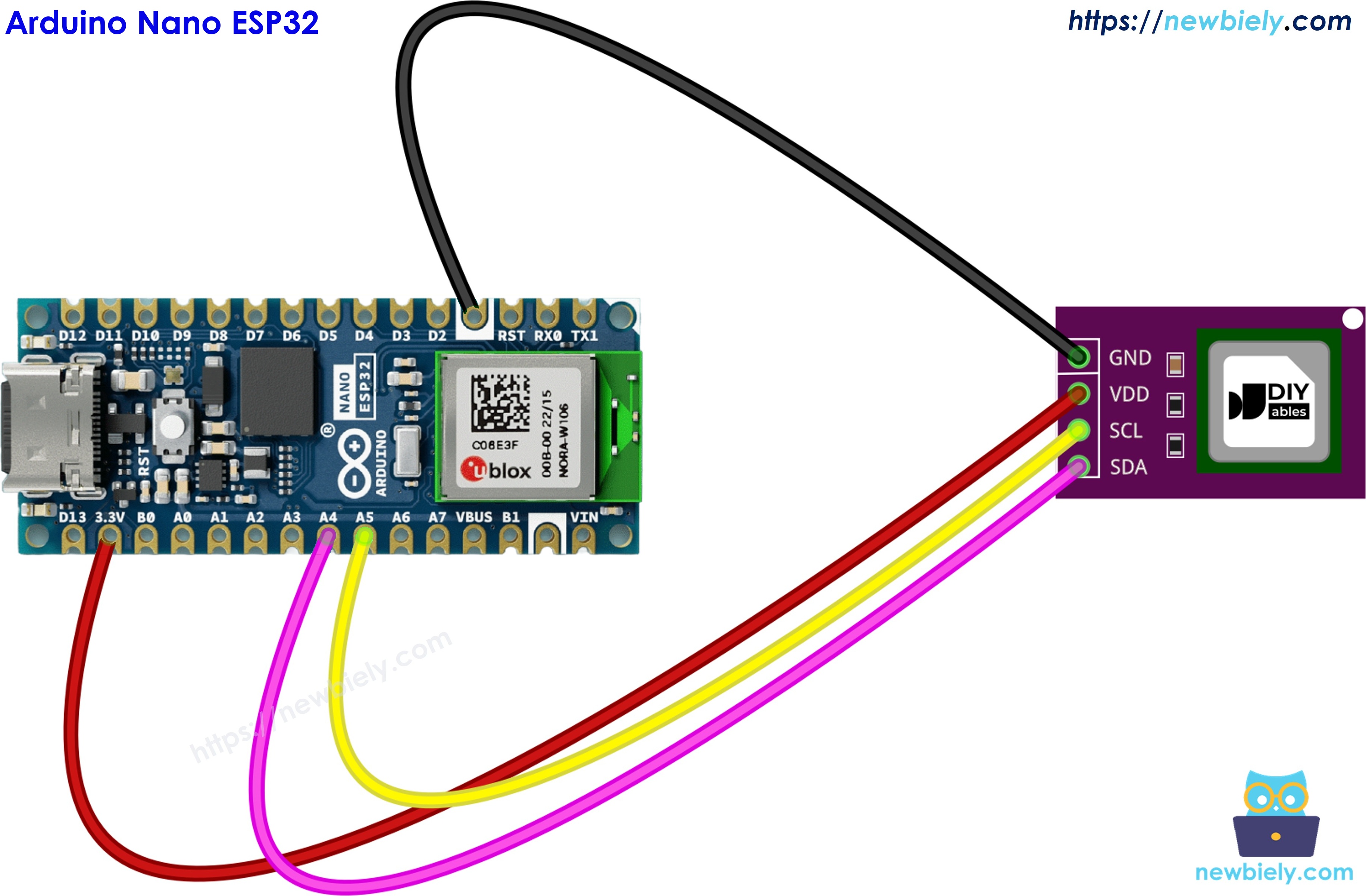 The wiring diagram between Arduino Nano ESP32 and SCD40 CO2 sensor