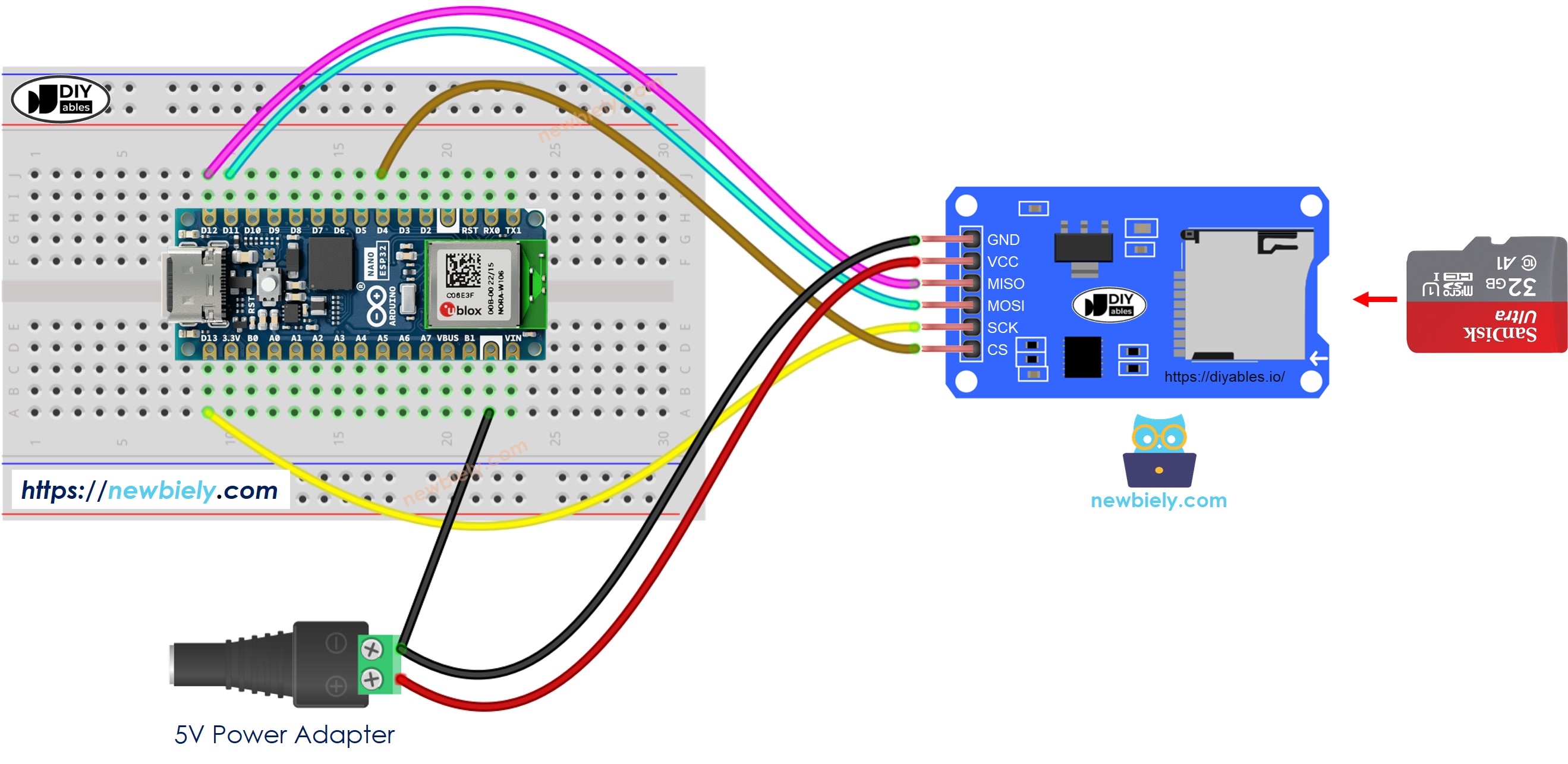 The wiring diagram between Arduino Nano ESP32 and Micro SD Card Module external power