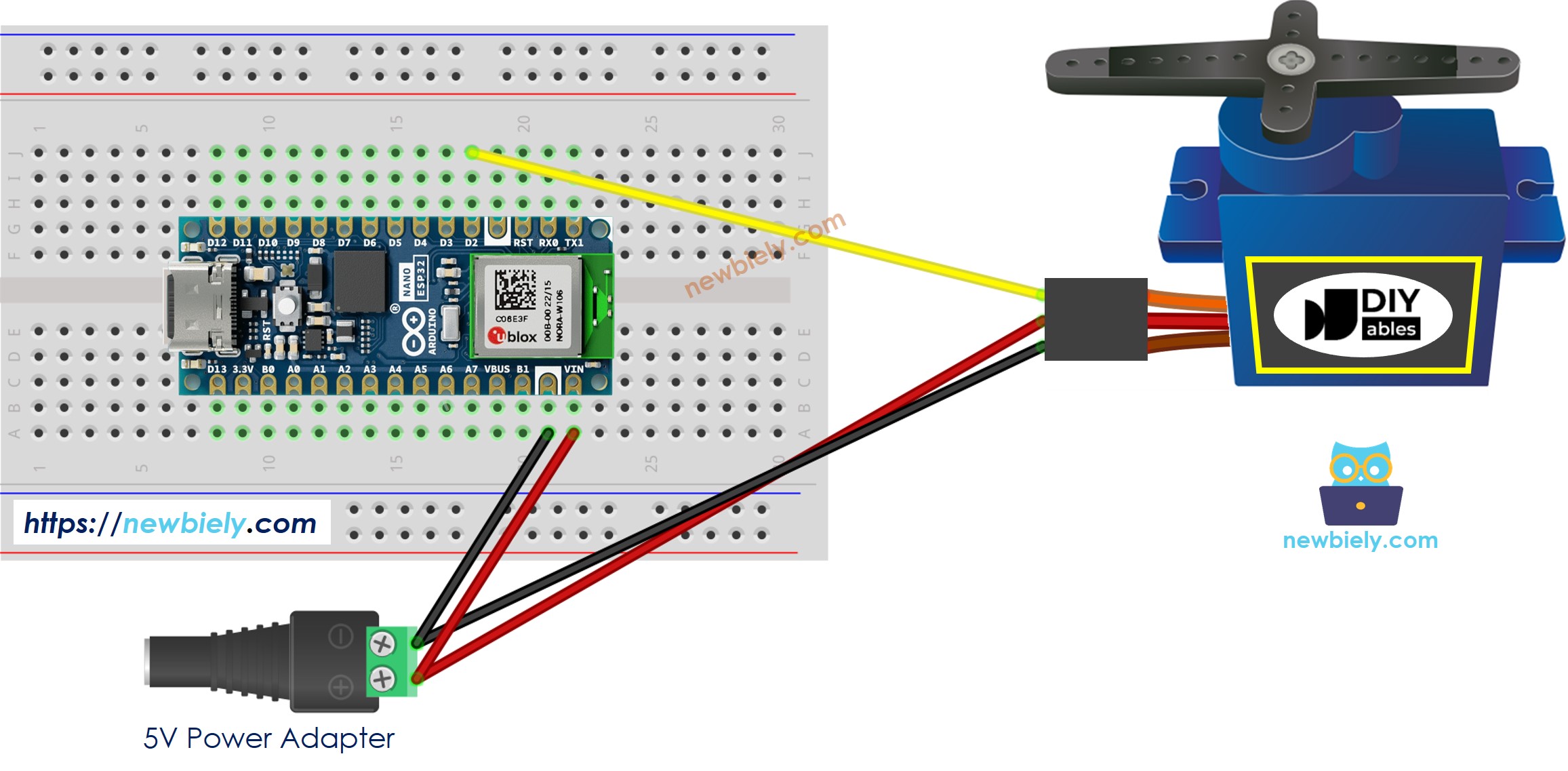 The wiring diagram between Arduino Nano ESP32 and servo motor external power supply