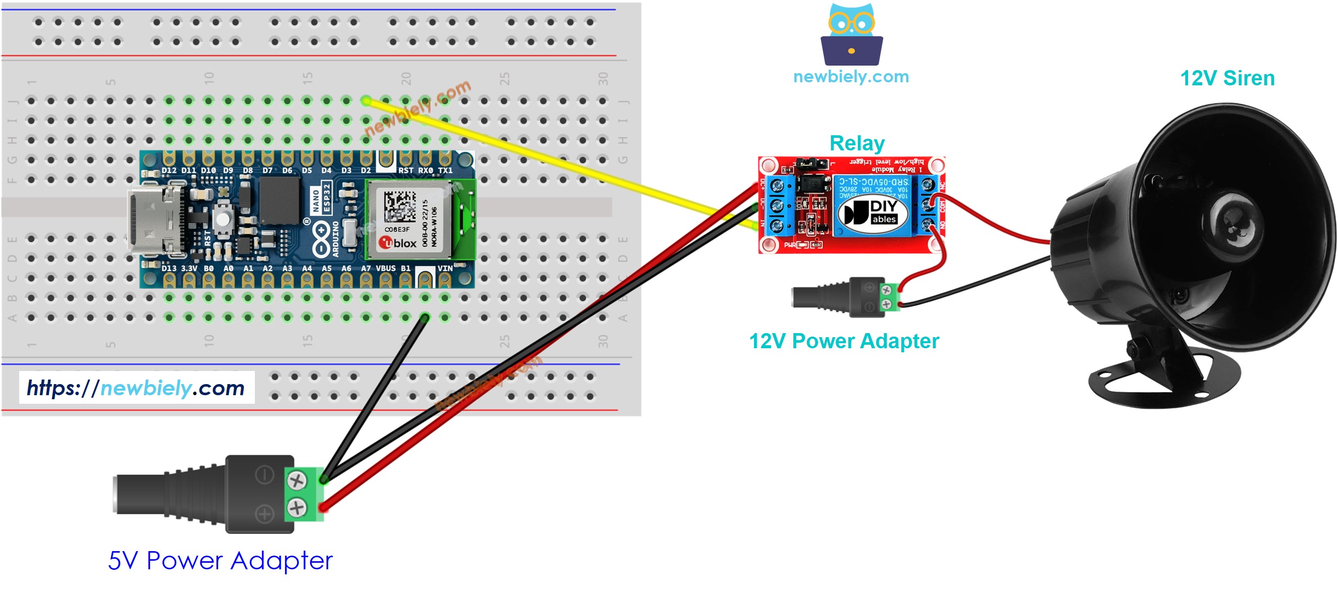 The wiring diagram between Arduino Nano ESP32 and 12V siren