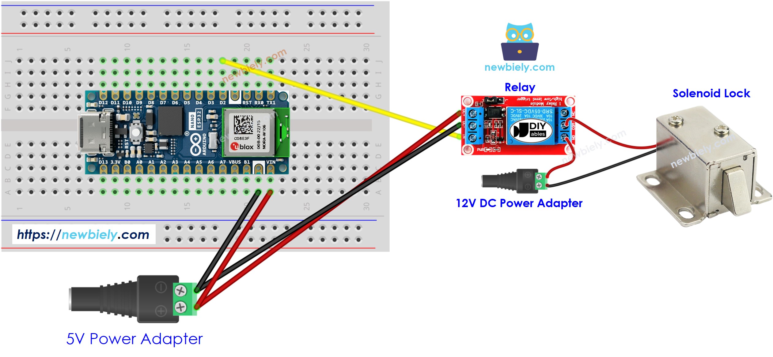 The wiring diagram between Arduino Nano ESP32 and Solenoid Lock