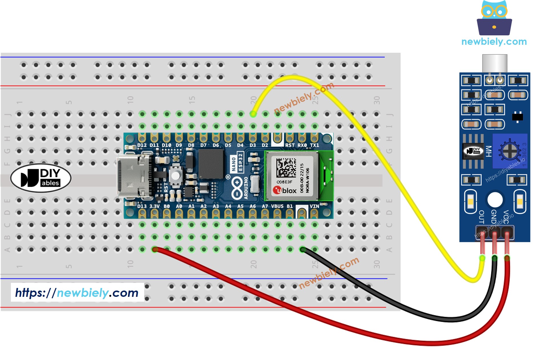 The wiring diagram between Arduino Nano ESP32 and Sound Sensor