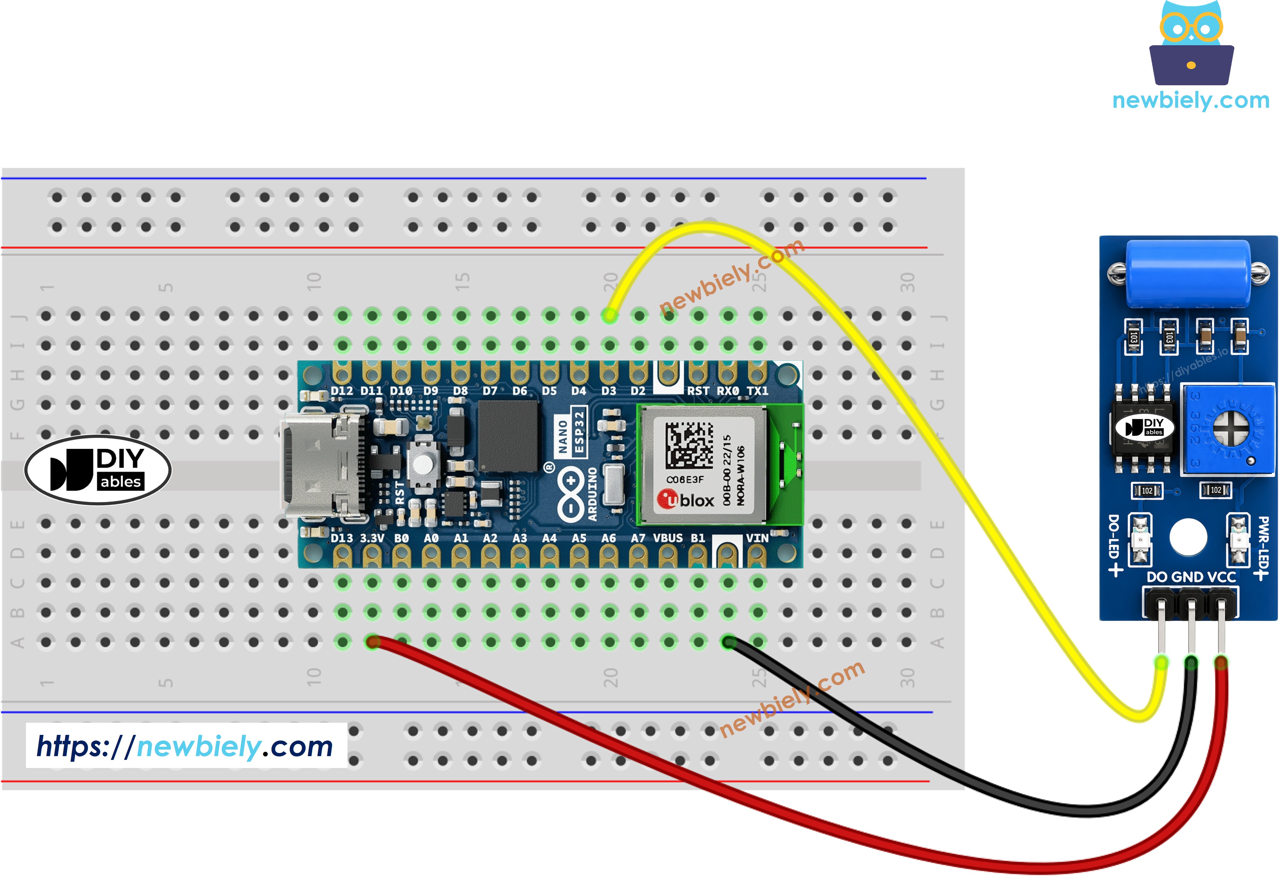The wiring diagram between Arduino Nano ESP32 and SW-420 Vibration Sensor