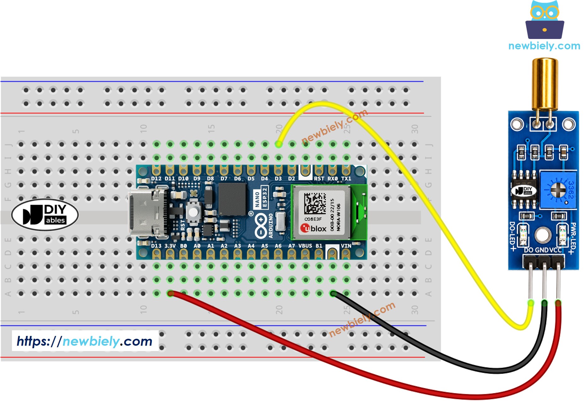 The wiring diagram between Arduino Nano ESP32 and SW520D Tilt Sensor