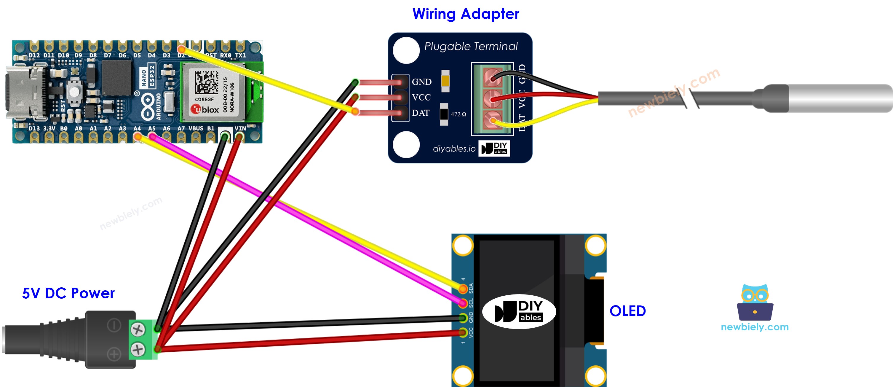 The wiring diagram between Arduino Nano ESP32 and DS18B20 Temperature Sensor OLED
