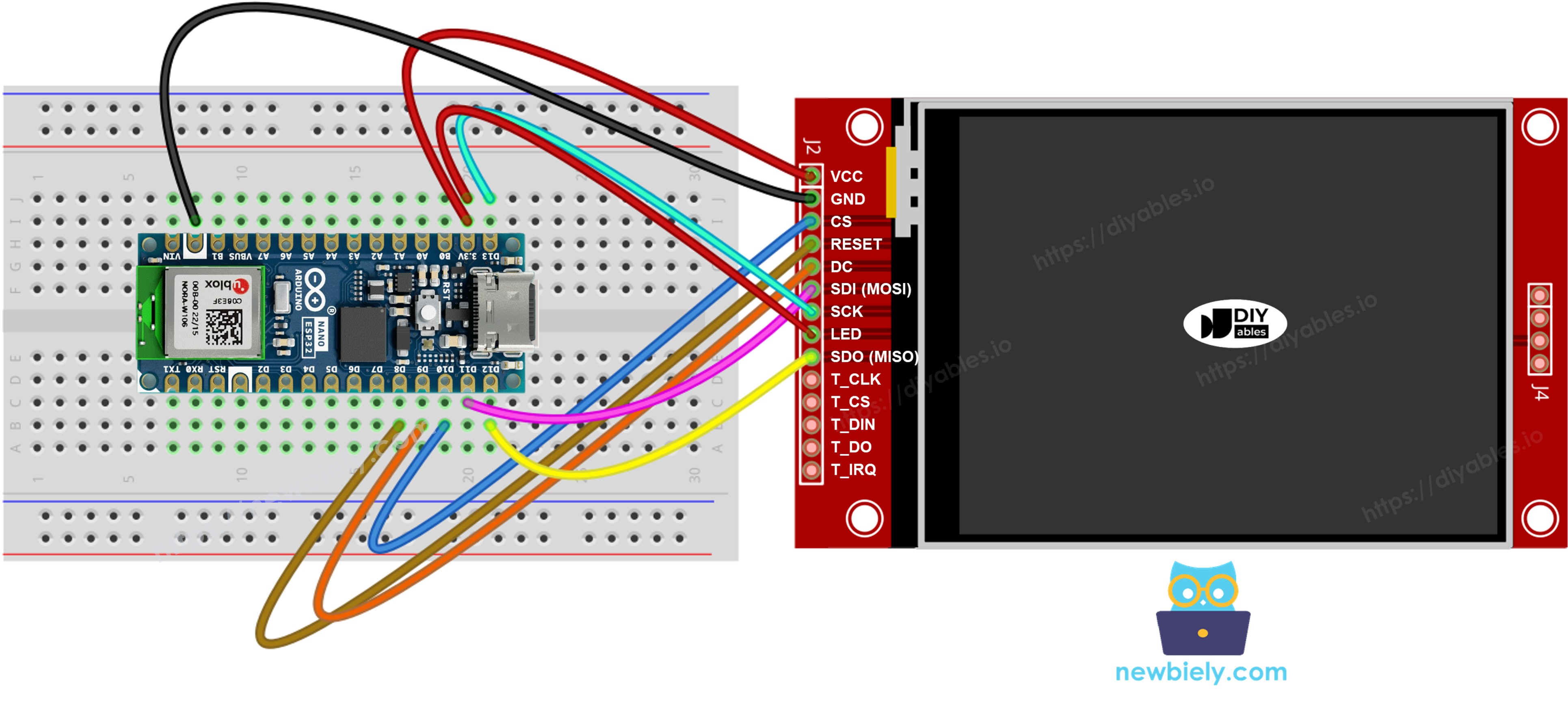 The wiring diagram between Arduino Nano ESP32 and TFT SPI Display  without touch