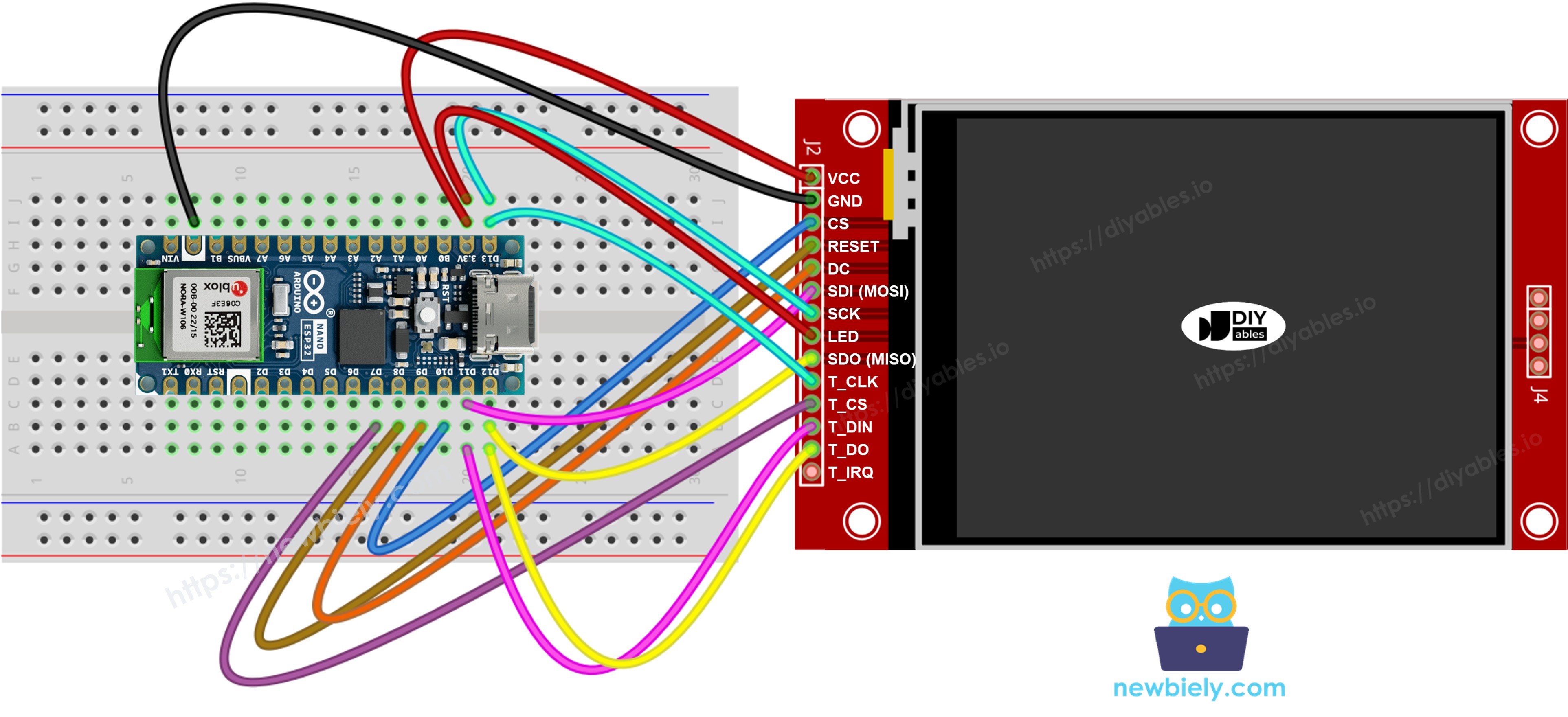 The wiring diagram between Arduino Nano ESP32 and TFT SPI Display  with touch