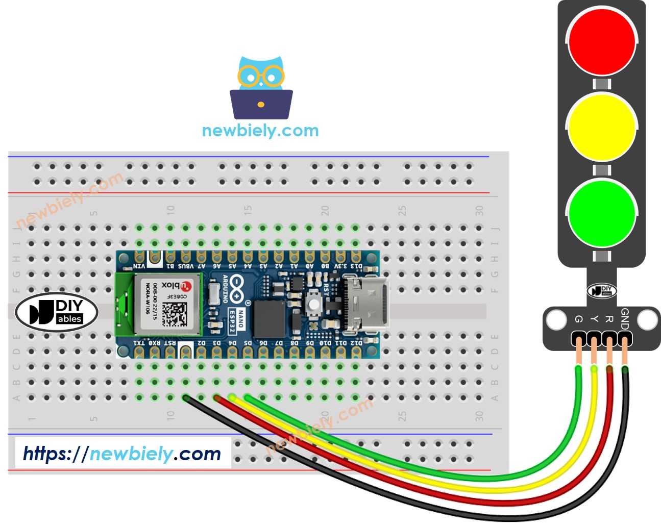 The wiring diagram between Arduino Nano ESP32 and traffic light