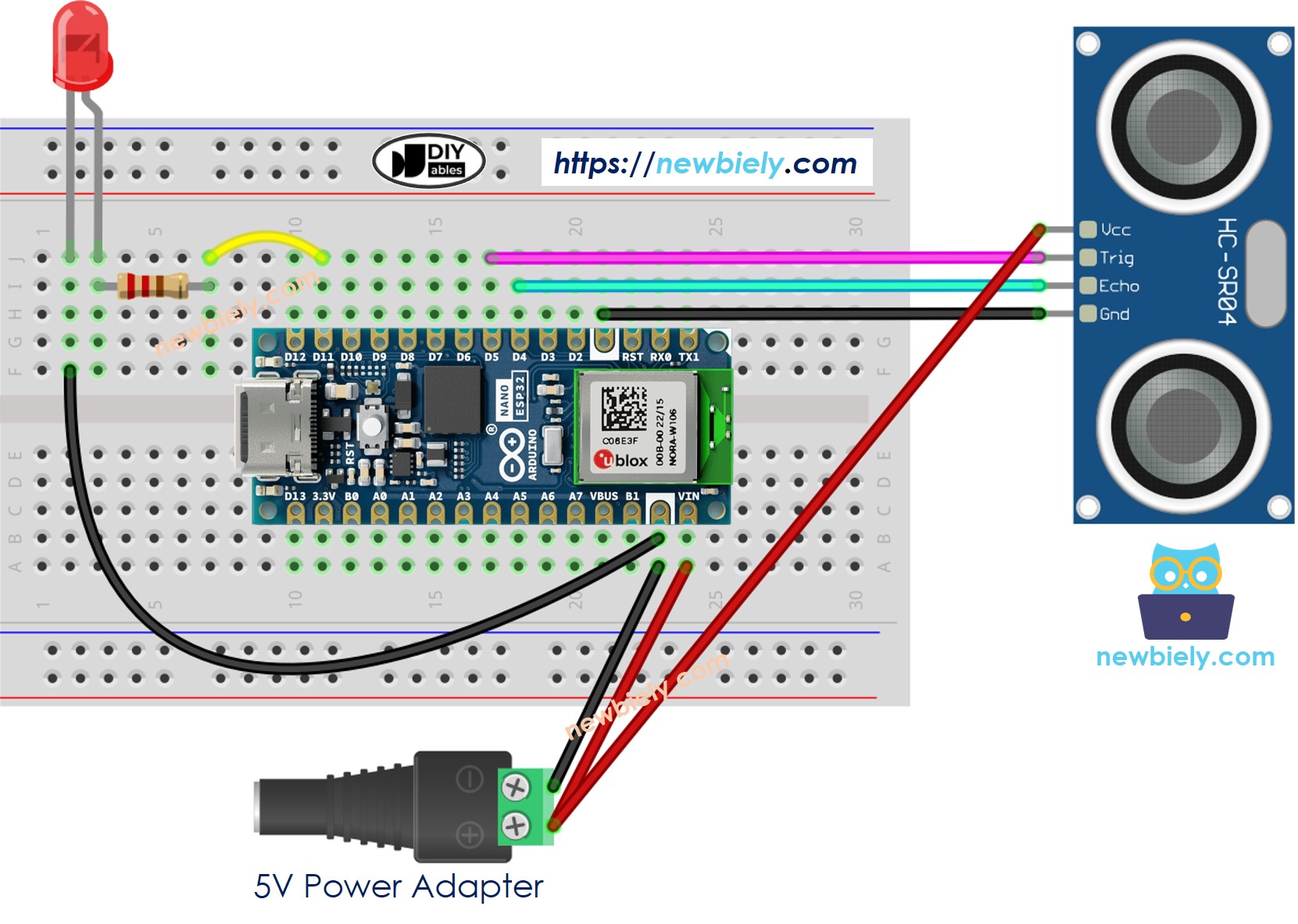 The wiring diagram between Arduino Nano ESP32 and Ultrasonic Sensor LED  5v power source