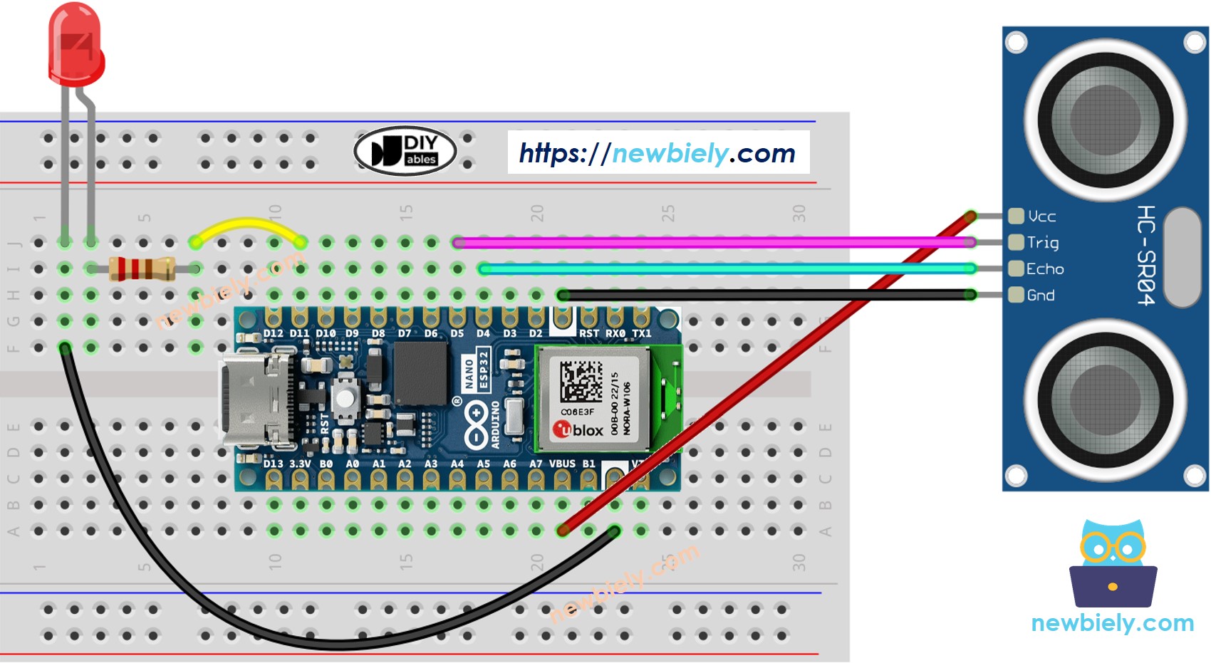 The wiring diagram between Arduino Nano ESP32 and Ultrasonic Sensor LED