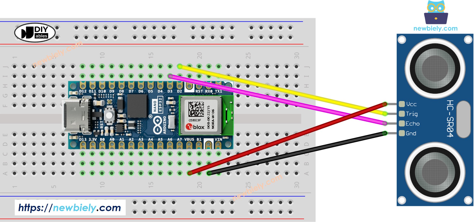 The wiring diagram between Arduino Nano ESP32 and ultrasonic sensor