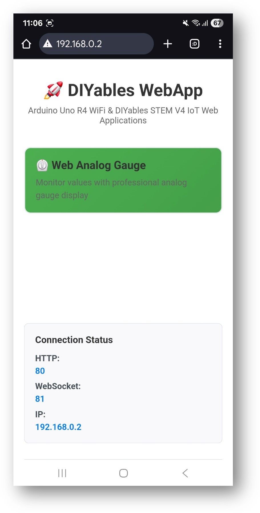 Arduino Nano ESP32 DIYables WebApp Home page with Web Analog Gauge app