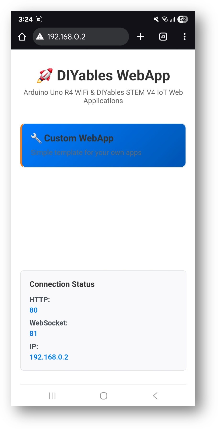 Arduino Nano ESP32 DIYables WebApp Home page with Web Custom app