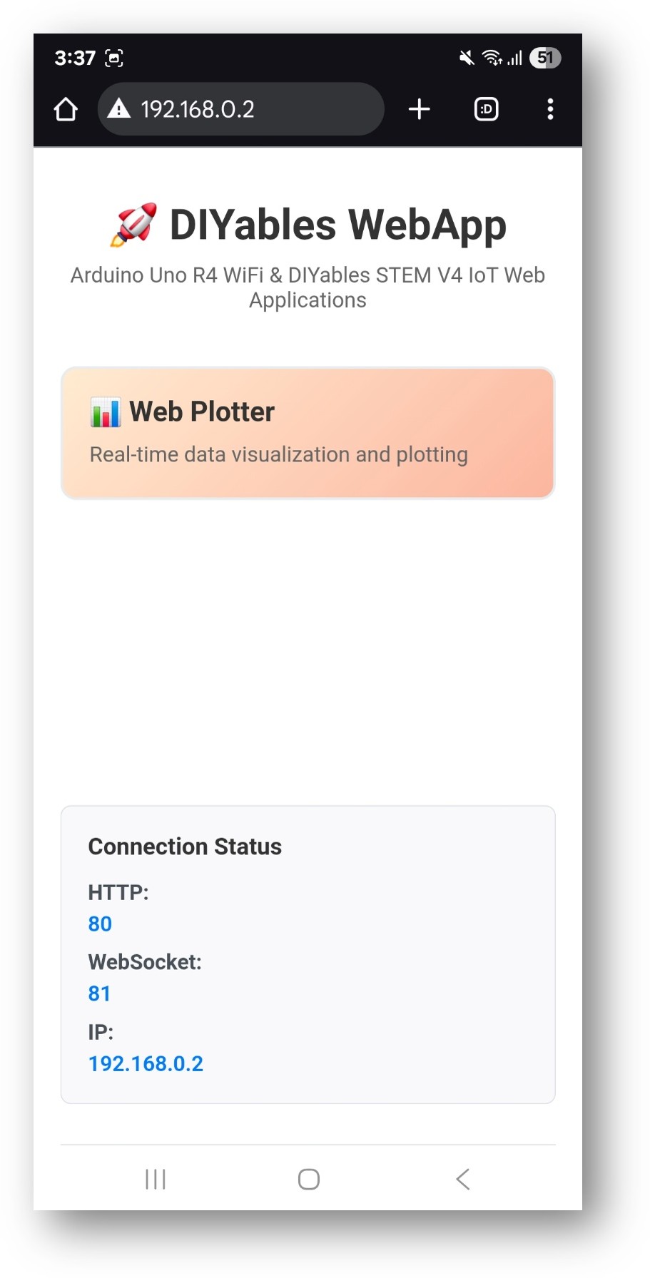 Arduino Nano ESP32 DIYables WebApp Home page with Web Plotter app