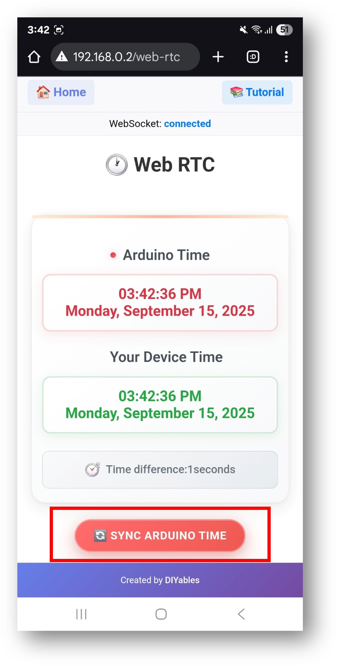 Arduino Nano ESP32 DIYables WebApp Web RTC sync